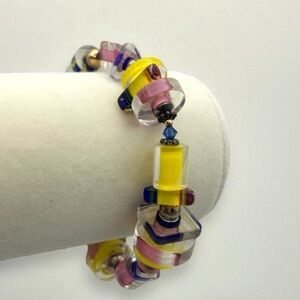 925 Sterling Silver Art Glass Bead Bracelet ~Yellow, Pink, Royal Blue~ 8”